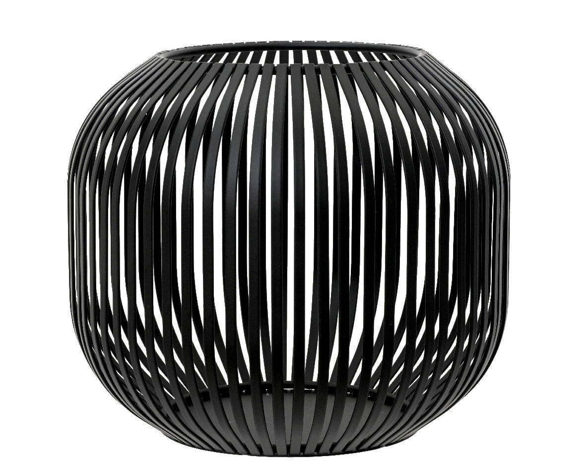 Schwarzes, kugelförmiges Windlicht aus Metall mit vertikalen Streben, seitliche Perspektive