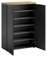 Schuhschrank mit offenen Türen, schwarze Fronten und Holzoberfläche, seitliche Perspektive