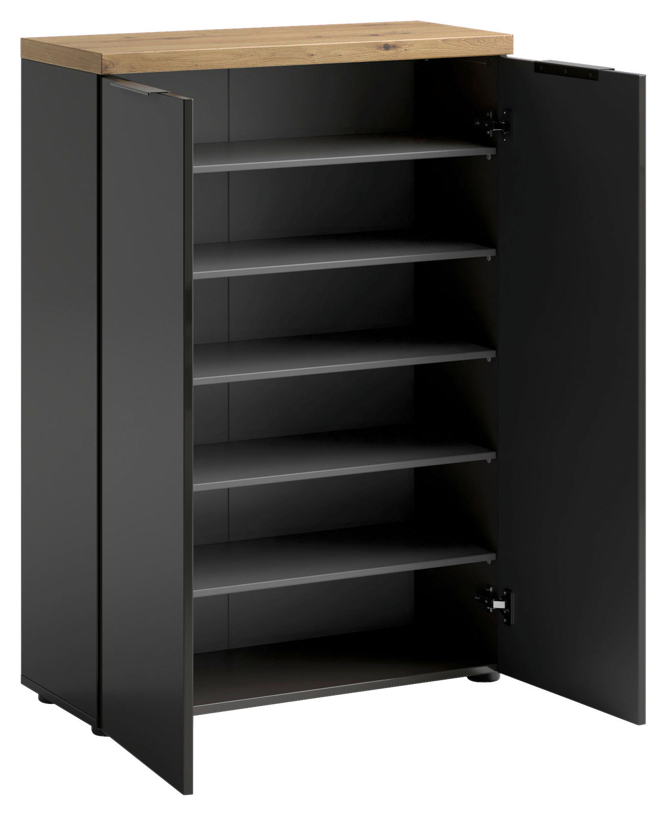 Schuhschrank mit offenen Türen, schwarze Fronten und Holzoberfläche, seitliche Perspektive