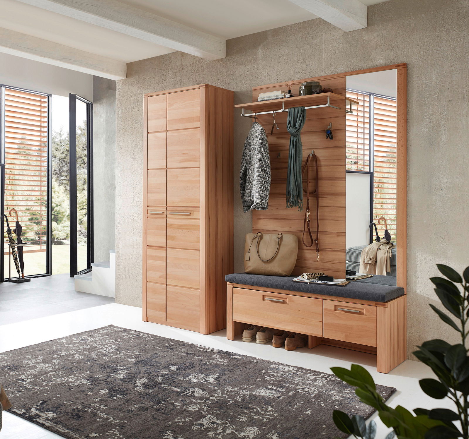 Linea Natura Garderobenkombination NATURE ONE Garderobenkombination aus Holz mit Schrank, Sitzbank und Spiegel, seitliche Perspektive