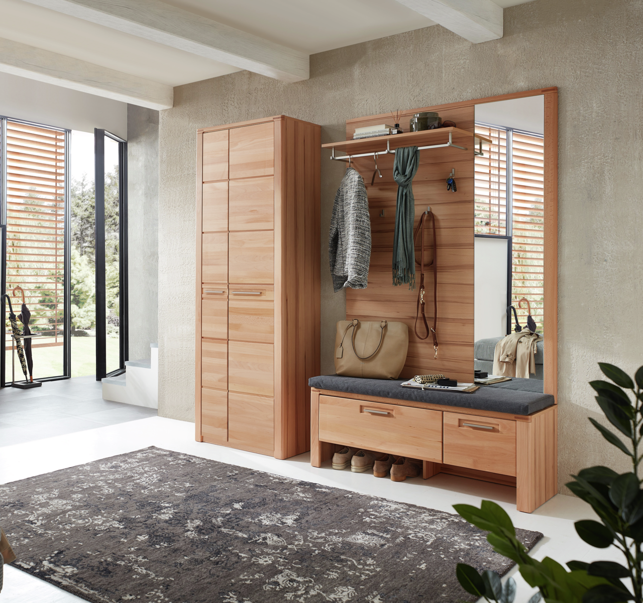 Linea Natura Garderobenkombination NATURE ONE Garderobenkombination aus Holz mit Schrank, Sitzbank und Spiegel, seitliche Perspektive