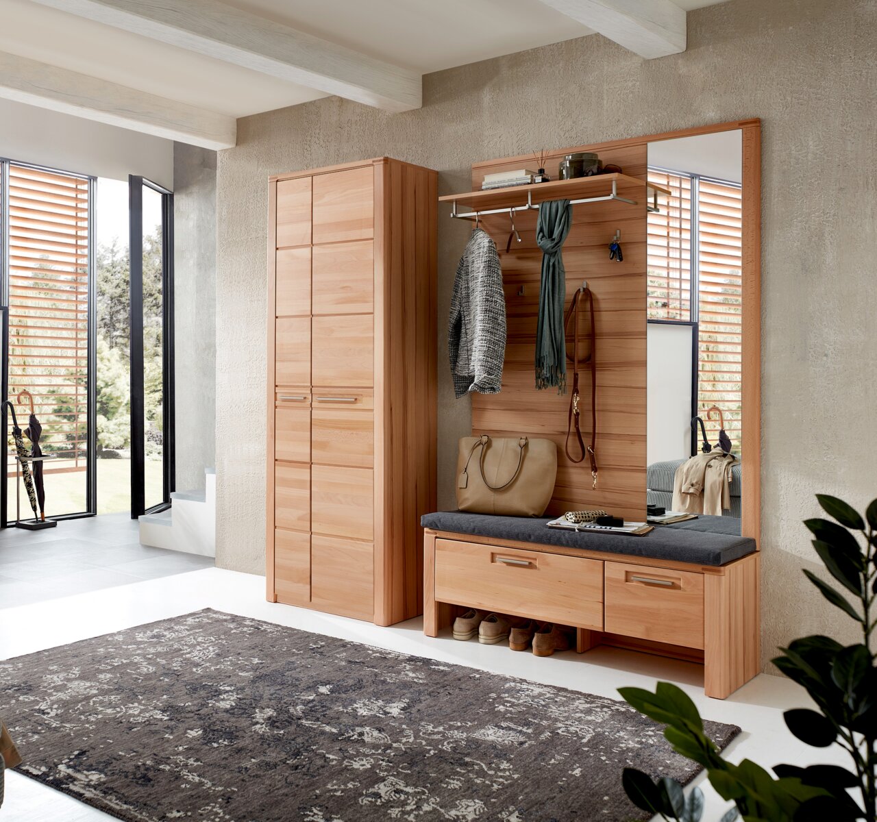 Linea Natura Garderobenkombination NATURE ONE Garderobenkombination aus Holz mit Schrank, Sitzbank und Spiegel, seitliche Perspektive