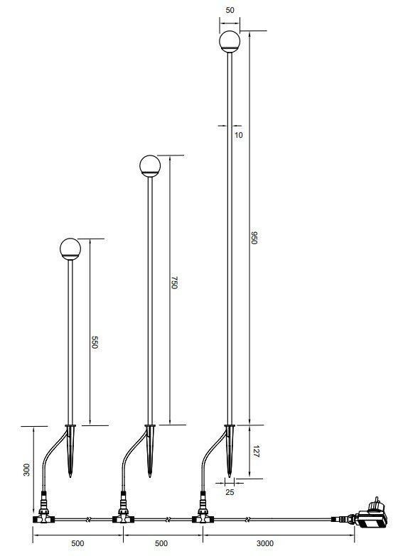 Technische Zeichnung eines 3er-Sets LED-Gartenleuchten in Seitenansicht mit unterschiedlichen Höhen und Abmessungen.