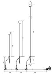Technische Zeichnung eines 3er-Sets LED-Gartenleuchten in Seitenansicht mit unterschiedlichen Höhen und Abmessungen.