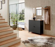 Moderner Eingangsbereich mit einem schwarzen Hänge-Schuhschrank, einem schmalen Spiegel und einem Garderobenpaneel aus Holz. Perspektive von der Seite mit Blick auf die Treppe und den Außenbereich.