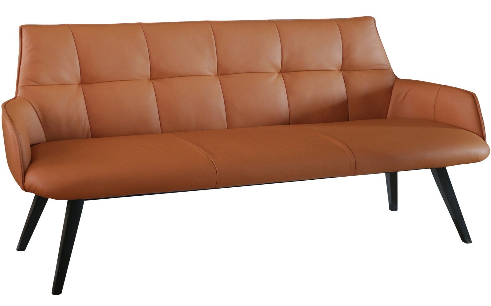 Braune Ledercouch mit schwarzen Beinen, seitliche Perspektive