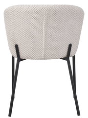 Rückansicht eines modernen Stuhls mit cremefarbenem, strukturiertem Stoffbezug und schwarzen Metallbeinen.