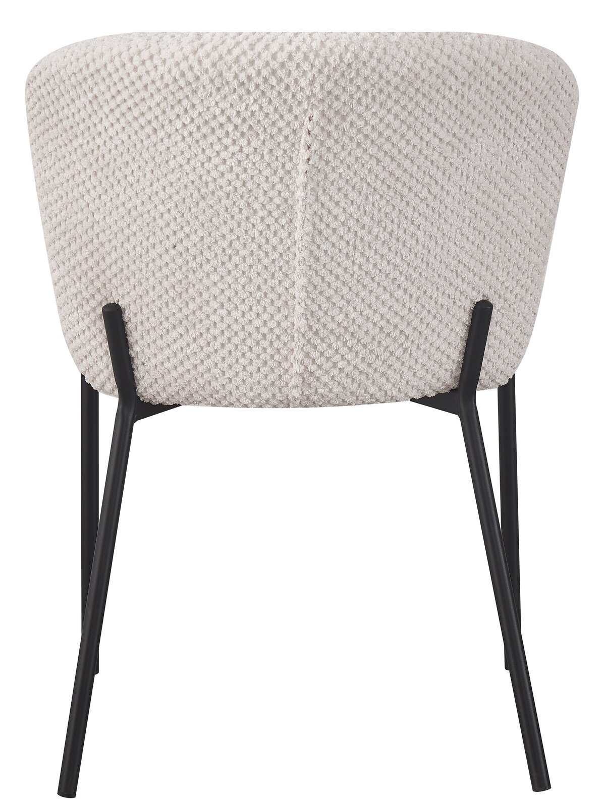 Rückansicht eines modernen Stuhls mit cremefarbenem, strukturiertem Stoffbezug und schwarzen Metallbeinen.