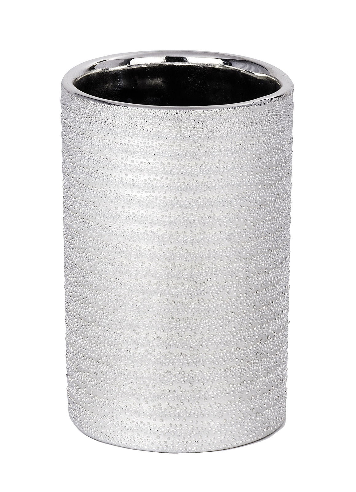 Keramik Zahnputzbecher Polaris in silberner Farbe mit strukturierter Oberfläche, Ansicht von vorne.