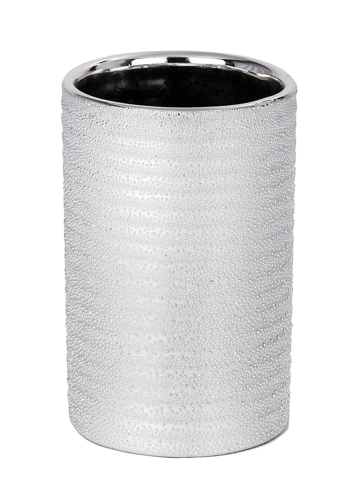 Keramik Zahnputzbecher Polaris in silberner Farbe mit strukturierter Oberfläche, Ansicht von vorne.