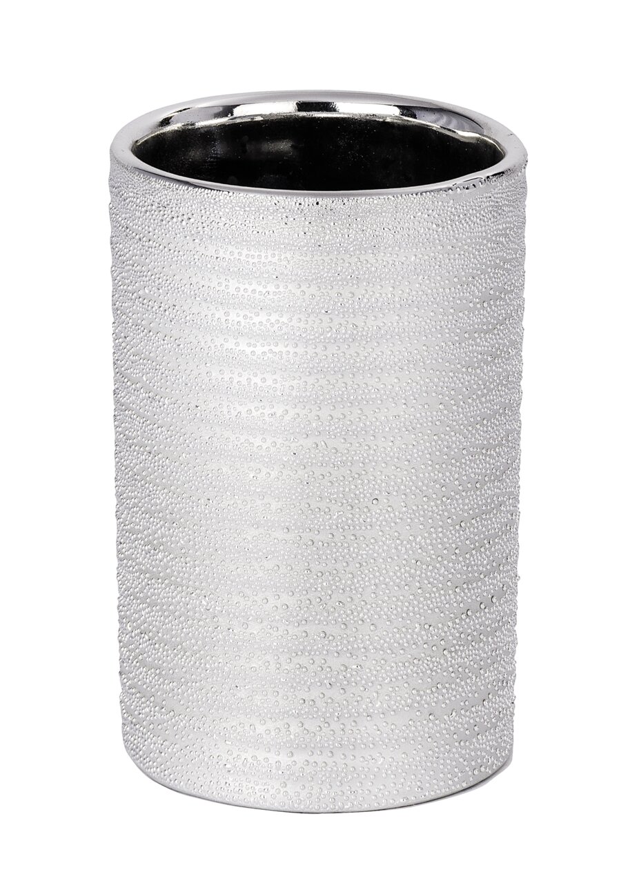 Keramik Zahnputzbecher Polaris in silberner Farbe mit strukturierter Oberfläche, Ansicht von vorne.