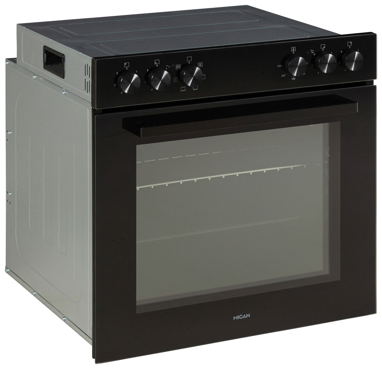 Einbauherd-Set in seitlicher Perspektive mit schwarzer Front und Drehknöpfen