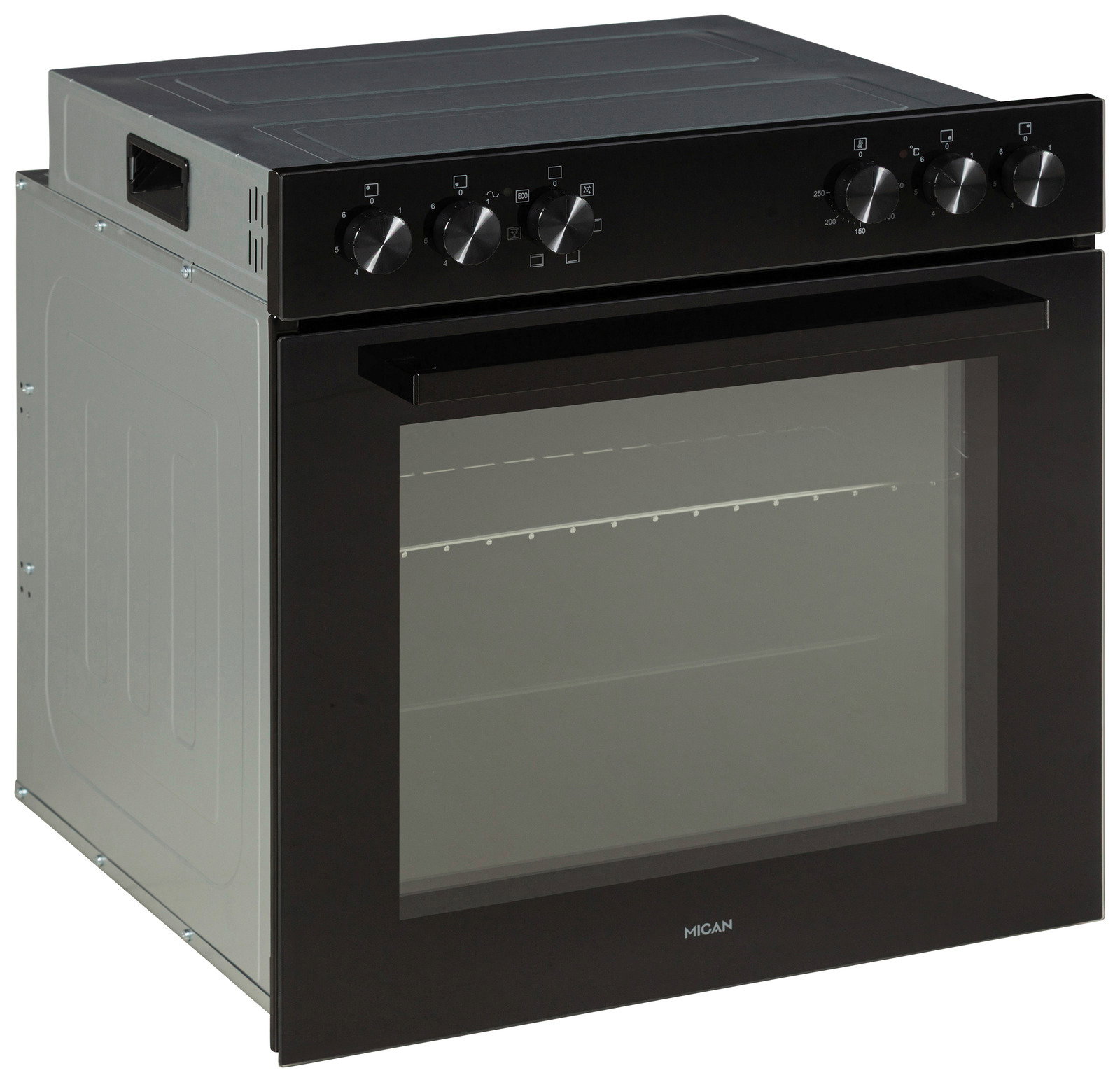 Einbauherd-Set in seitlicher Perspektive mit schwarzer Front und Drehknöpfen