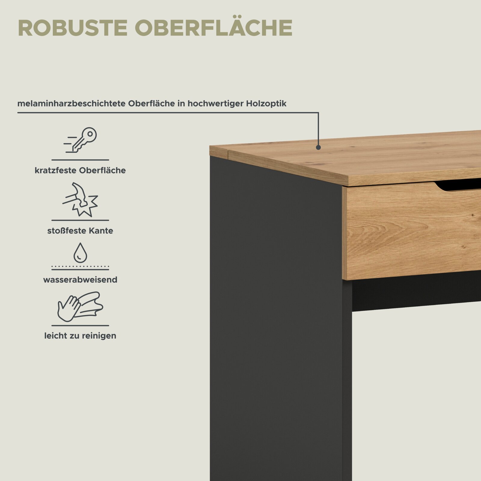 Detailansicht aus schräger Seitenperspektive eines Möbelstücks mit melaminharzbeschichteter Holzoptik-Oberfläche und schwarzem Korpus; robust, kratzfest, stoßfest, wasserabweisend und leicht zu reinigen.