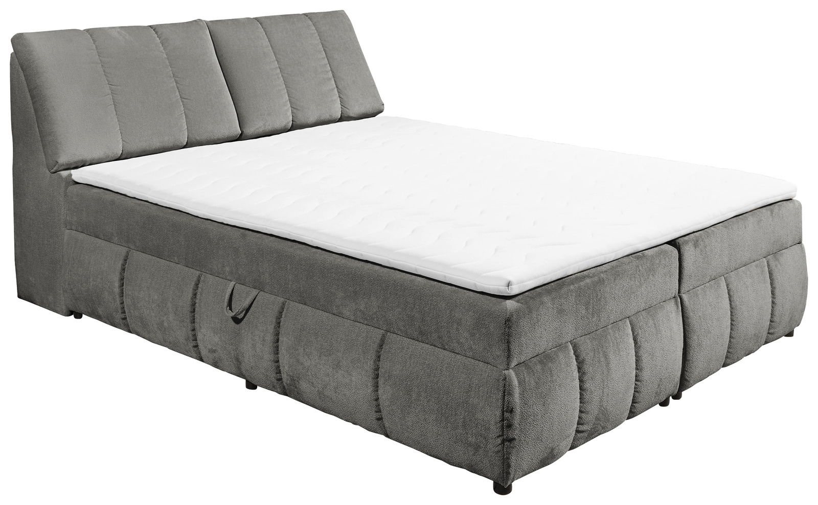 Graues Boxspringbett mit gepolstertem Kopfteil, seitliche Perspektive