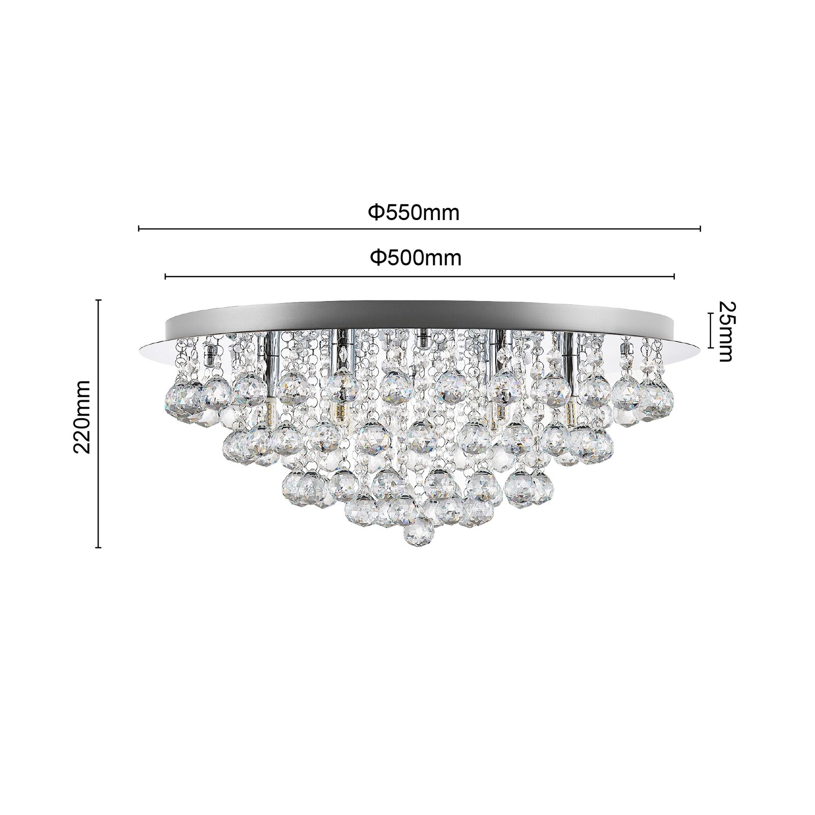 Deckenleuchte mit Kristallanhängern, seitliche Perspektive, Durchmesser 550mm, Höhe 220mm