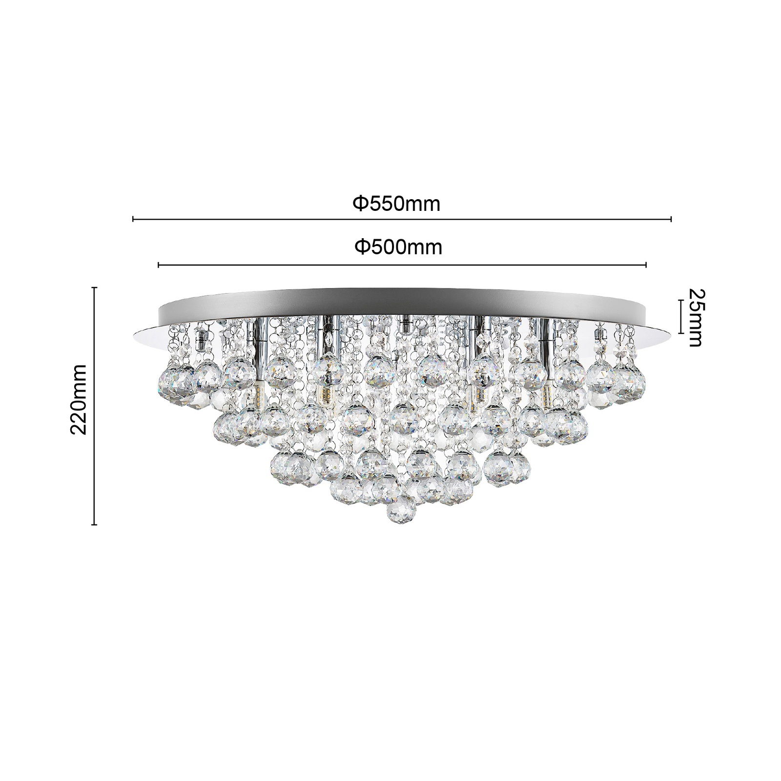 Deckenleuchte mit Kristallanhängern, seitliche Perspektive, Durchmesser 550mm, Höhe 220mm