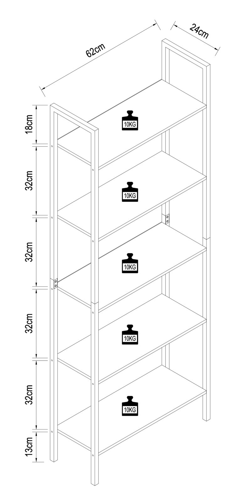 Technische Strichzeichnung eines 5-stöckigen Standregals (62 cm breit, 24 cm tief) mit Maßangaben und 10-kg-Traglast pro Ablage, dargestellt in schräger Perspektive von vorne links.