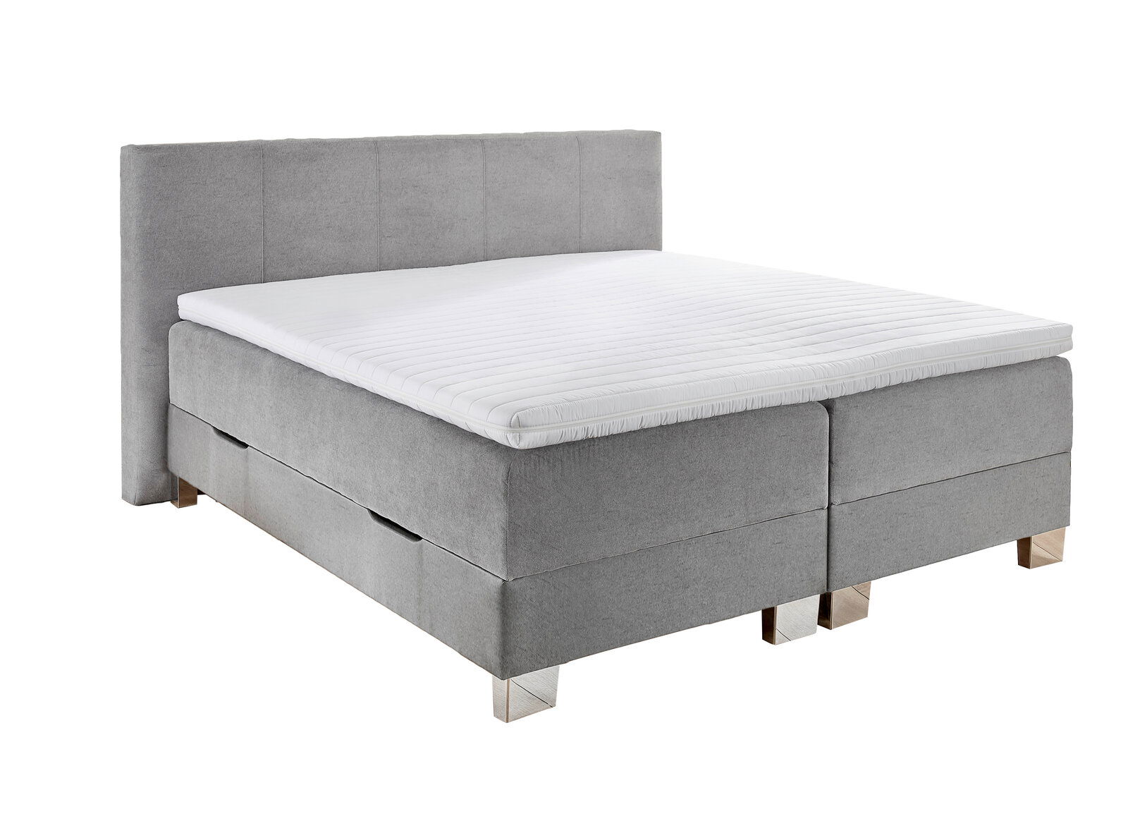 Graues Boxbett mit gepolstertem Kopfteil und weißer Matratze, seitliche Perspektive