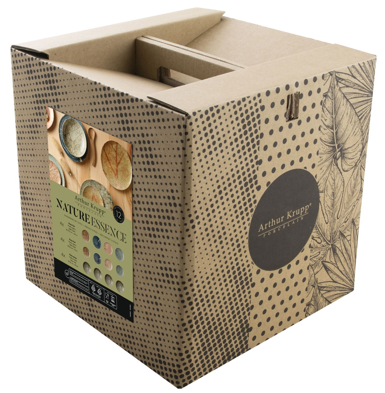 Verpackung des Tellersets Nature Essence 12-t von Arthur Krupp, schräg von vorne fotografiert, mit dekorativem Design und Produktinformationen auf der Vorderseite.
