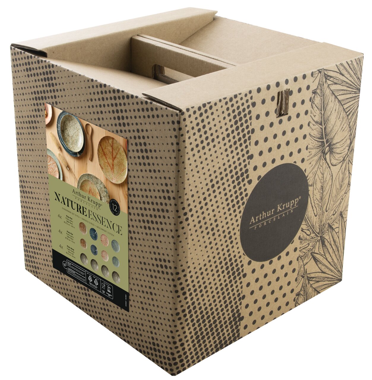 Verpackung des Tellersets Nature Essence 12-t von Arthur Krupp, schräg von vorne fotografiert, mit dekorativem Design und Produktinformationen auf der Vorderseite.