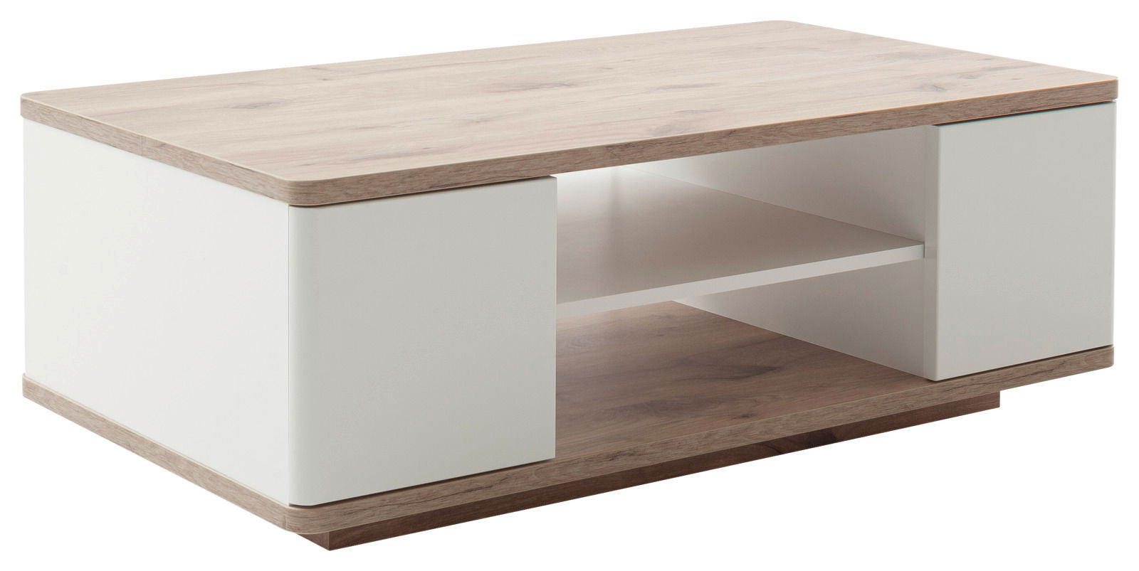 Moderner Couchtisch mit Holzoptik und weißen Elementen, seitliche Perspektive