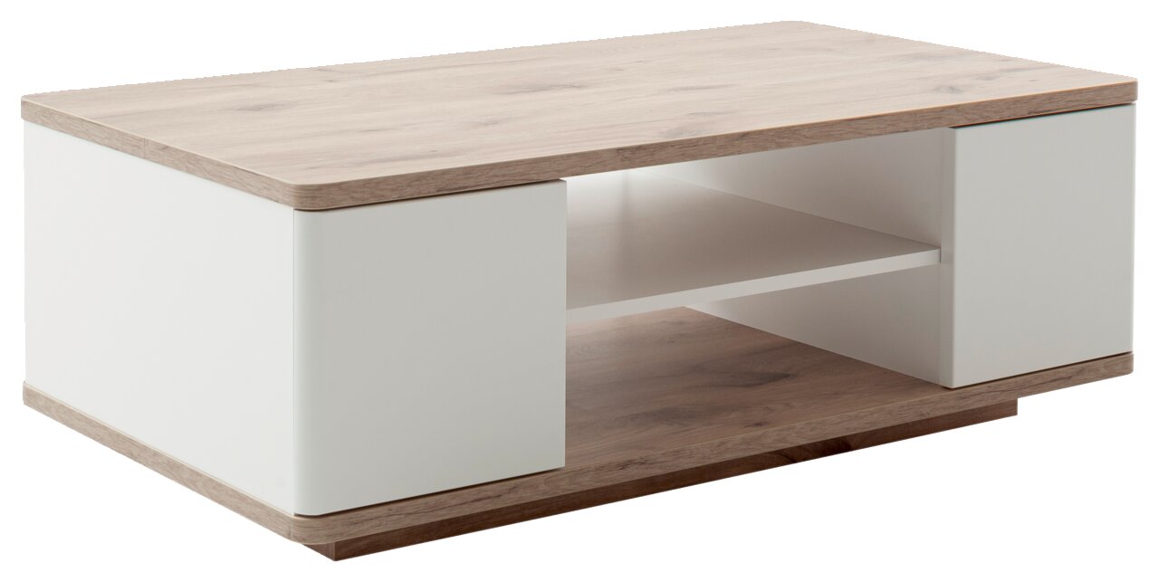Moderner Couchtisch mit Holzoptik und weißen Elementen, seitliche Perspektive