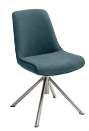 Moderner Stuhl mit blauem Stoffbezug und Metallbeinen, seitliche Perspektive