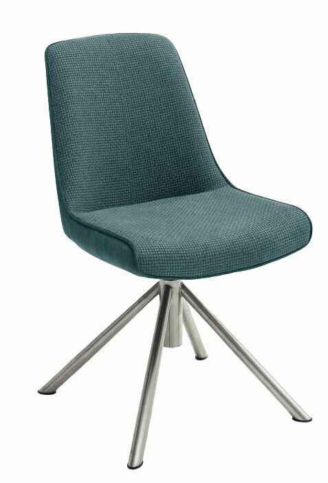 Moderner Stuhl mit blauem Stoffbezug und Metallbeinen, seitliche Perspektive