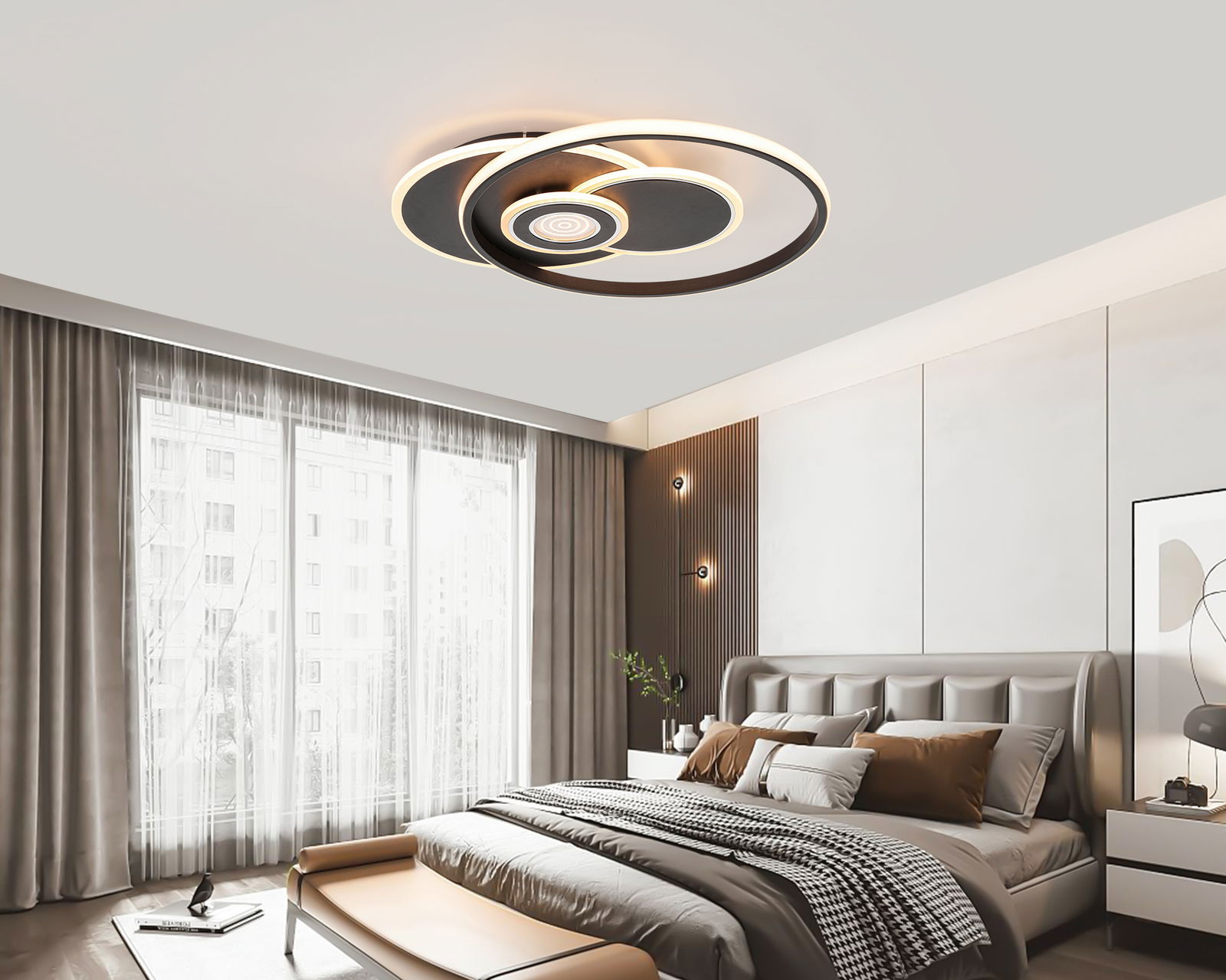 Moderne LED-Deckenleuchte mit kreisförmigem Design in einem stilvollen Schlafzimmer, von unten betrachtet.