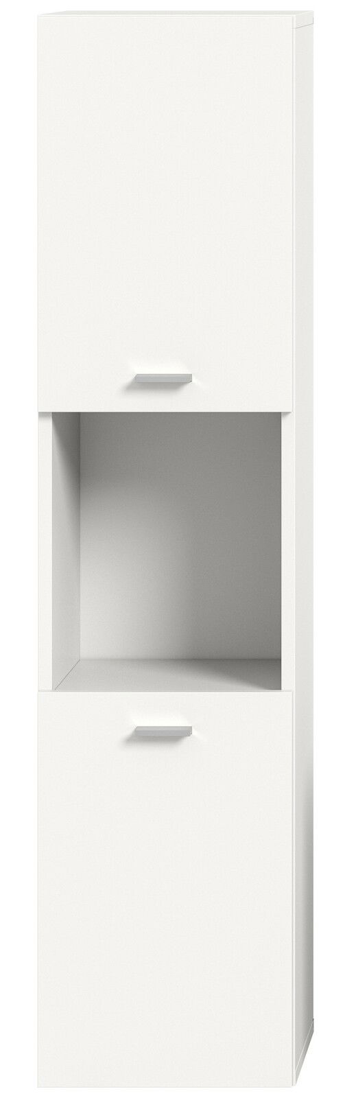 Weißer Badschrank mit zwei Türen und einem offenen Fach, frontal betrachtet.