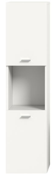Weißer Badschrank mit zwei Türen und einem offenen Fach, frontal betrachtet.