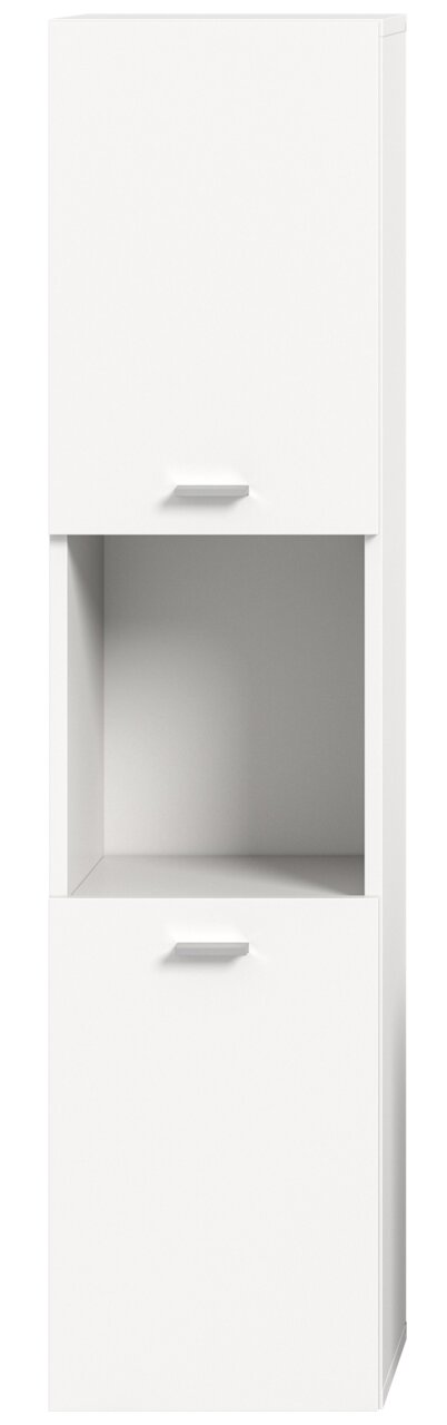 Weißer Badschrank mit zwei Türen und einem offenen Fach, frontal betrachtet.