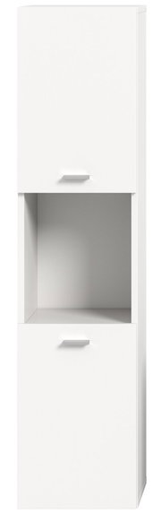 Weißer Badschrank mit zwei Türen und einem offenen Fach, frontal betrachtet.