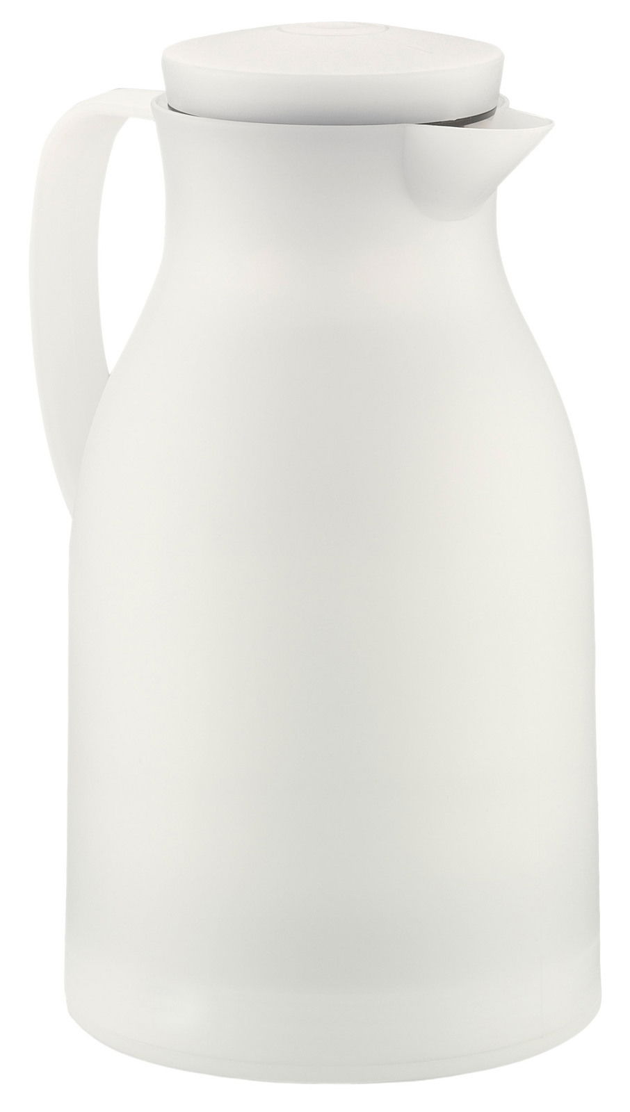 Weiße Isolierkanne mit Deckel und Griff, seitliche Perspektive