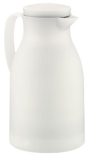 Weiße Isolierkanne mit Deckel und Griff, seitliche Perspektive