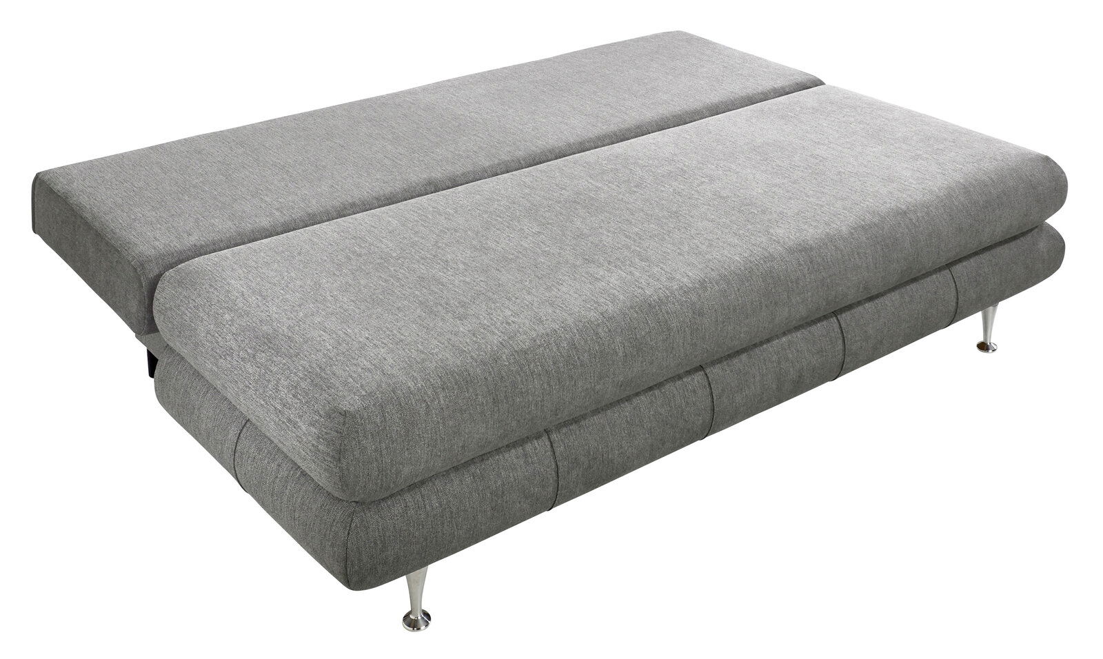 Graues Funktionssofa in ausgeklappter Position, seitliche Perspektive