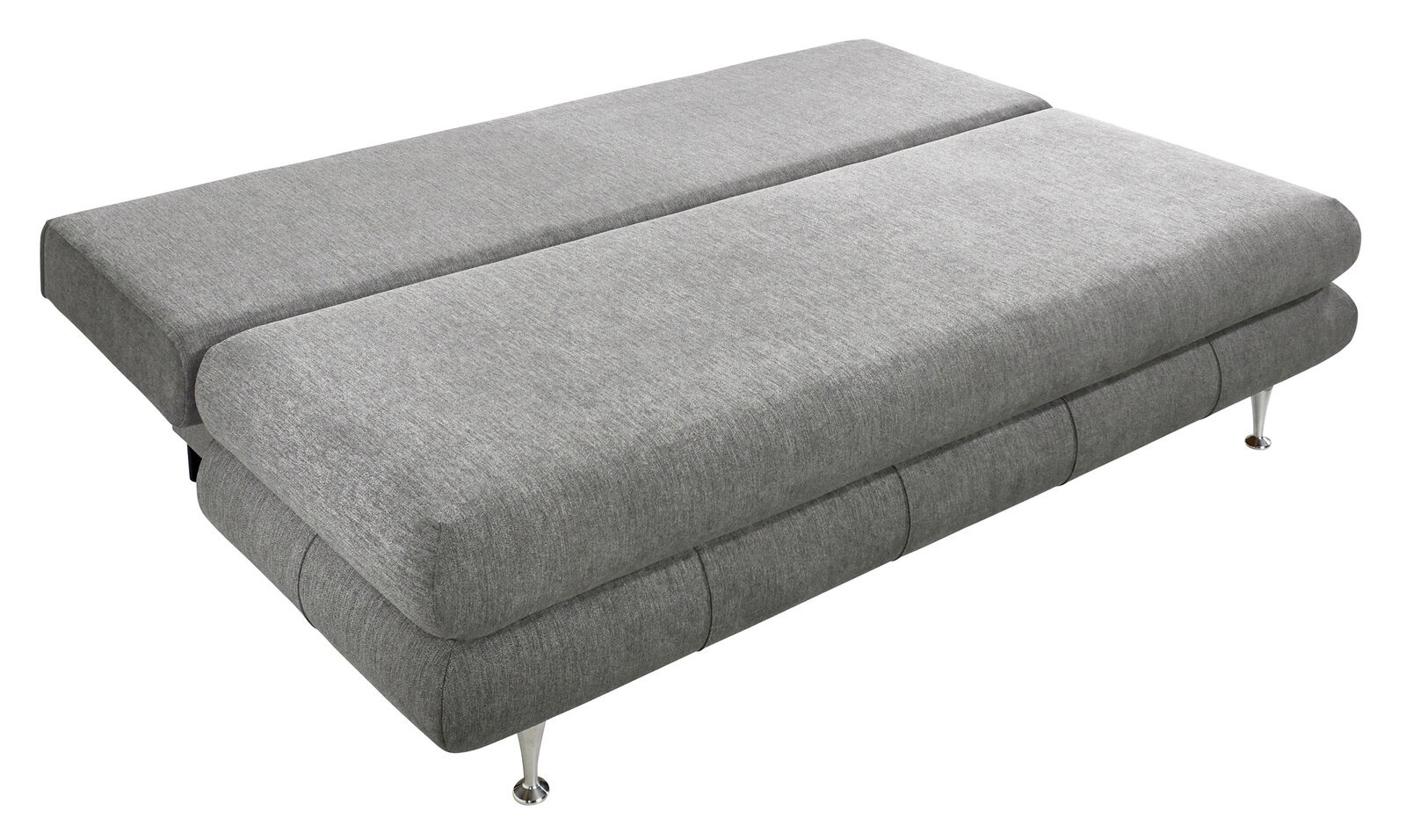 Graues Funktionssofa in ausgeklappter Position, seitliche Perspektive