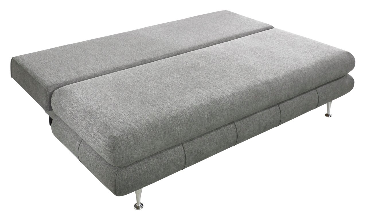 Graues Funktionssofa in ausgeklappter Position, seitliche Perspektive