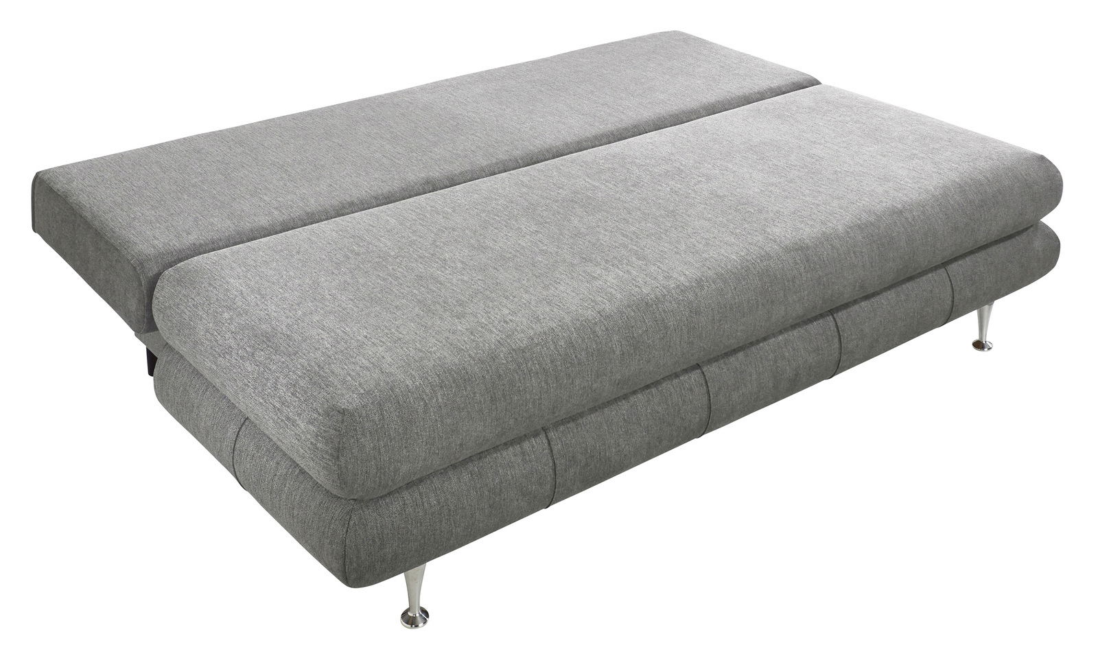 Graues Funktionssofa in ausgeklappter Position, seitliche Perspektive