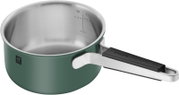 Grüner Kochtopf mit Edelstahl-Innenfläche und Messskala, seitliche Perspektive