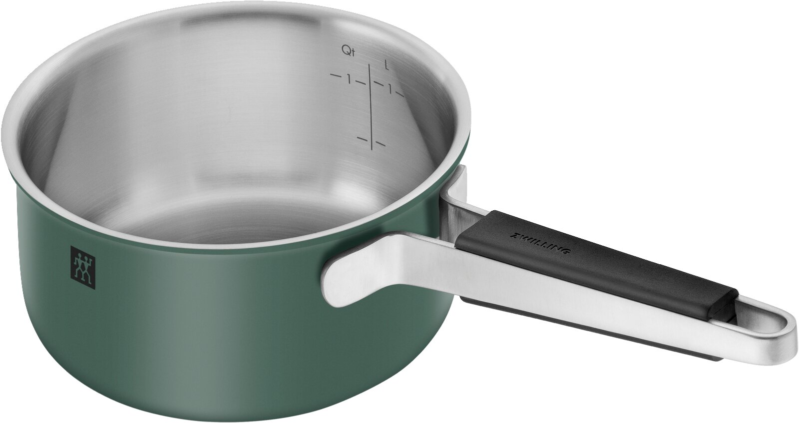 Grüner Kochtopf mit Edelstahl-Innenfläche und Messskala, seitliche Perspektive