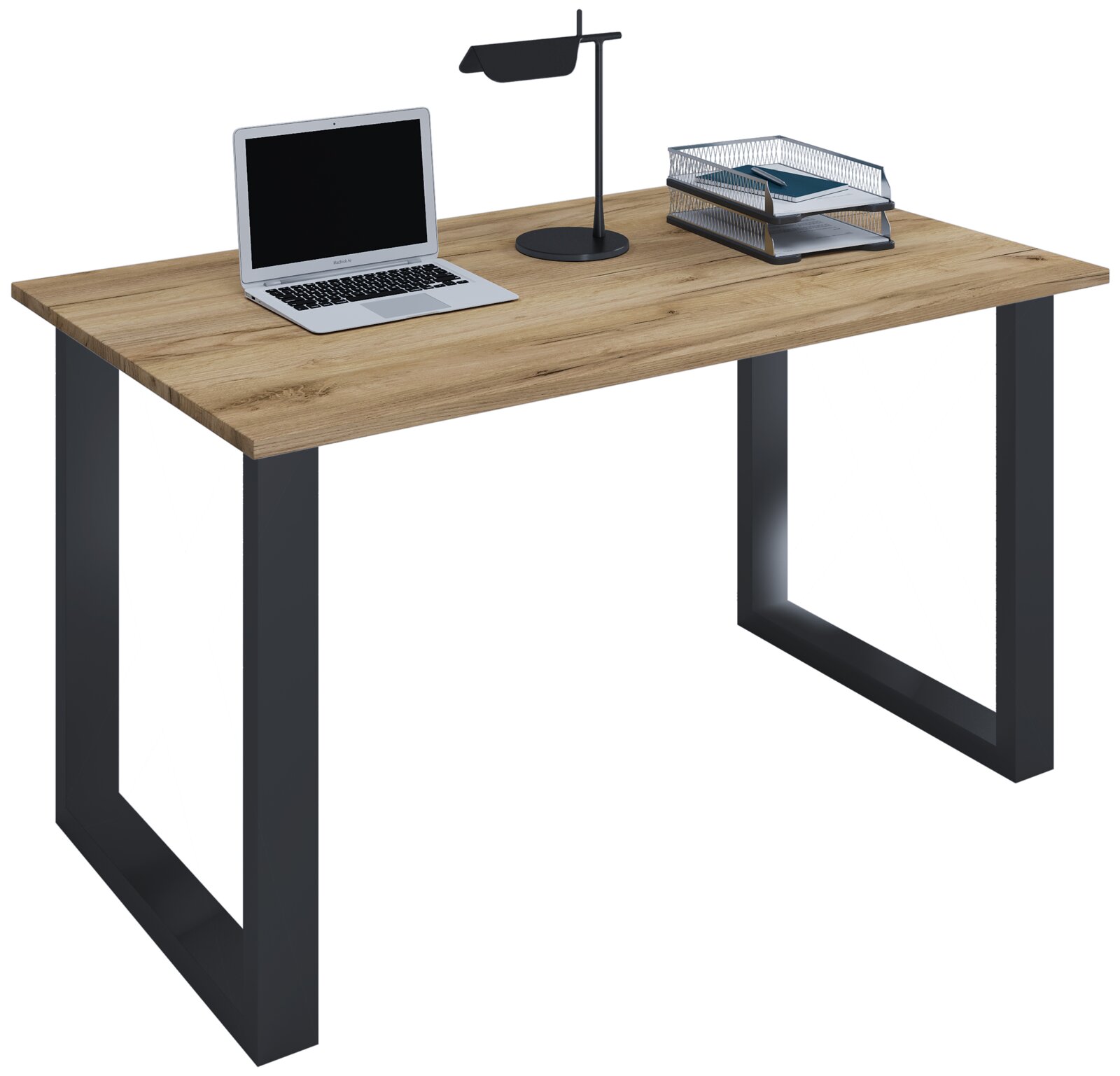 VCM Schreibtisch LONA Moderner Schreibtisch mit Holzplatte und schwarzen U-förmigen Metallbeinen, auf der Tischplatte Laptop, Schreibtischlampe und Ablagekorb, schräg von vorne in leichter Draufsicht freigestellt
