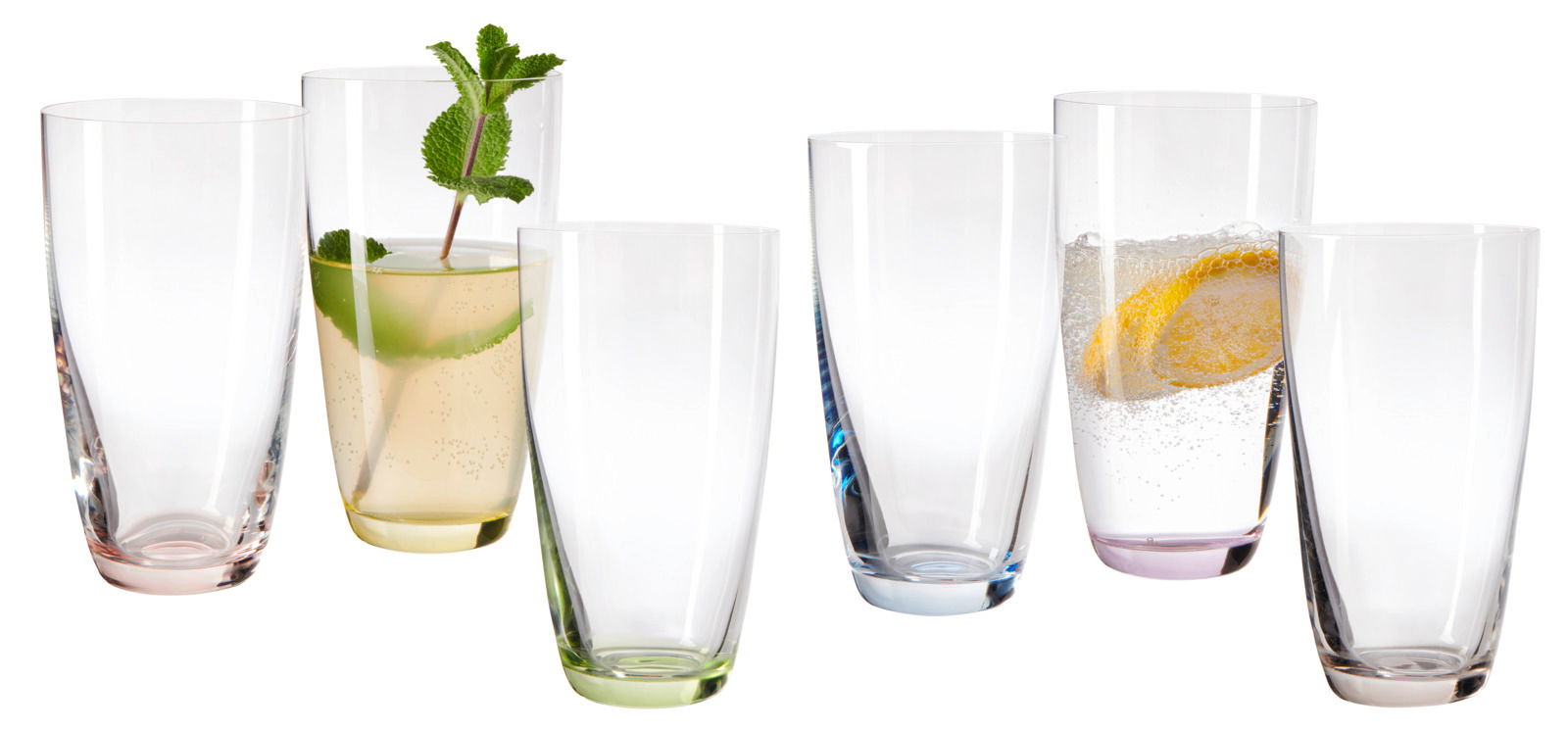 Novel Longdrinkbecher 6-tlg. VIVA COLORI Sechs Longdrinkbecher Viva Colori in verschiedenen Farben, gefüllt mit Getränken und dekoriert mit Minze und Zitronenscheiben, aus der Vorderansicht.