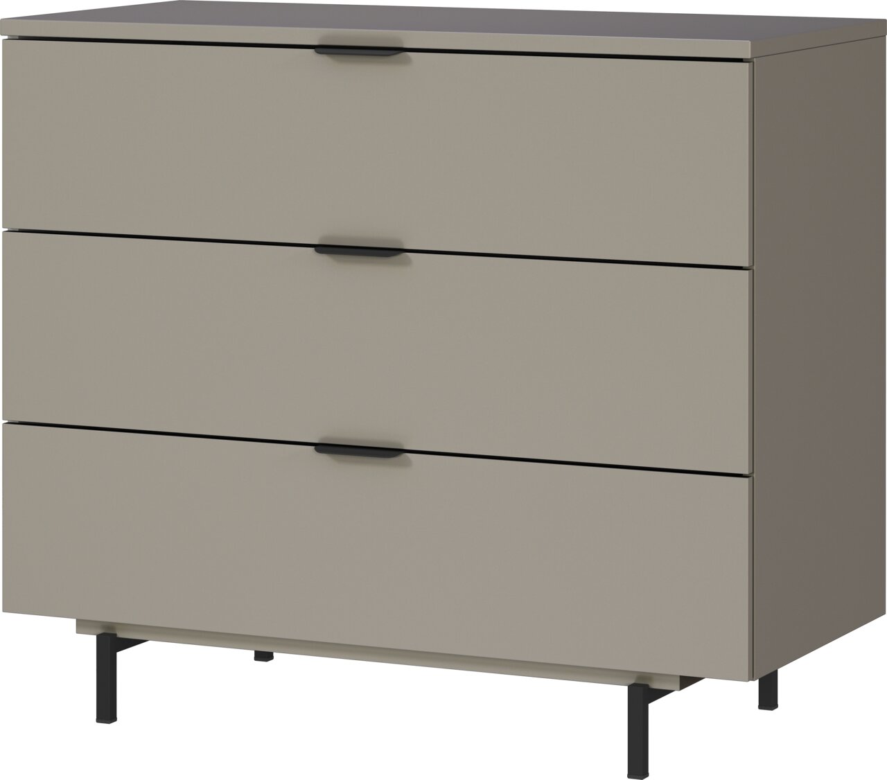 Kommode mit drei Schubladen in modernem Design, seitliche Perspektive