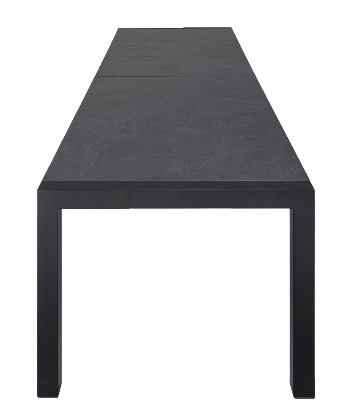 Moderner schwarzer Esstisch aus der Frontperspektive