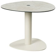 Moderner Beistelltisch mit runder, heller Tischplatte und zentralem Standfuß, seitliche Perspektive