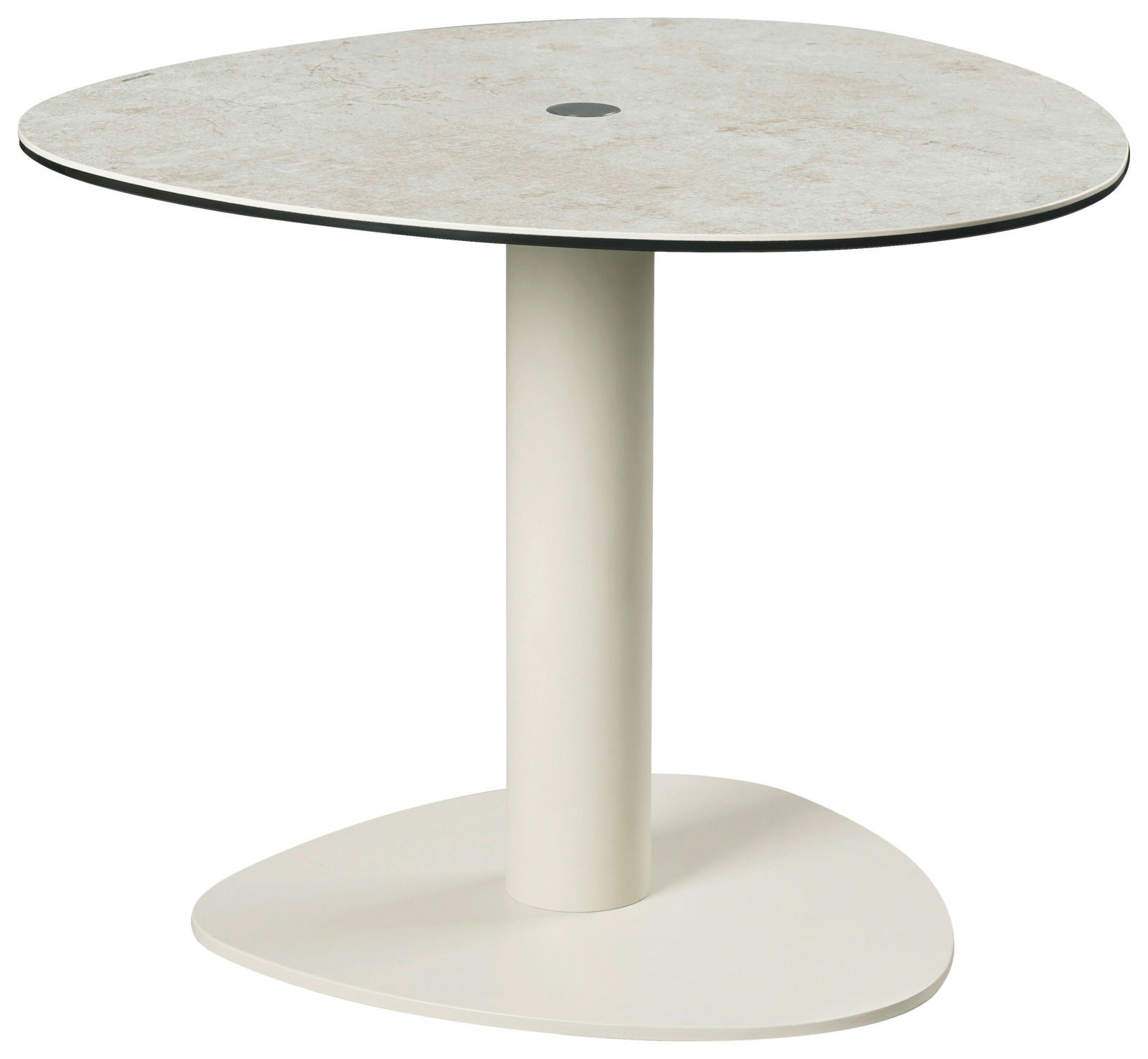 Moderner Beistelltisch mit runder, heller Tischplatte und zentralem Standfuß, seitliche Perspektive