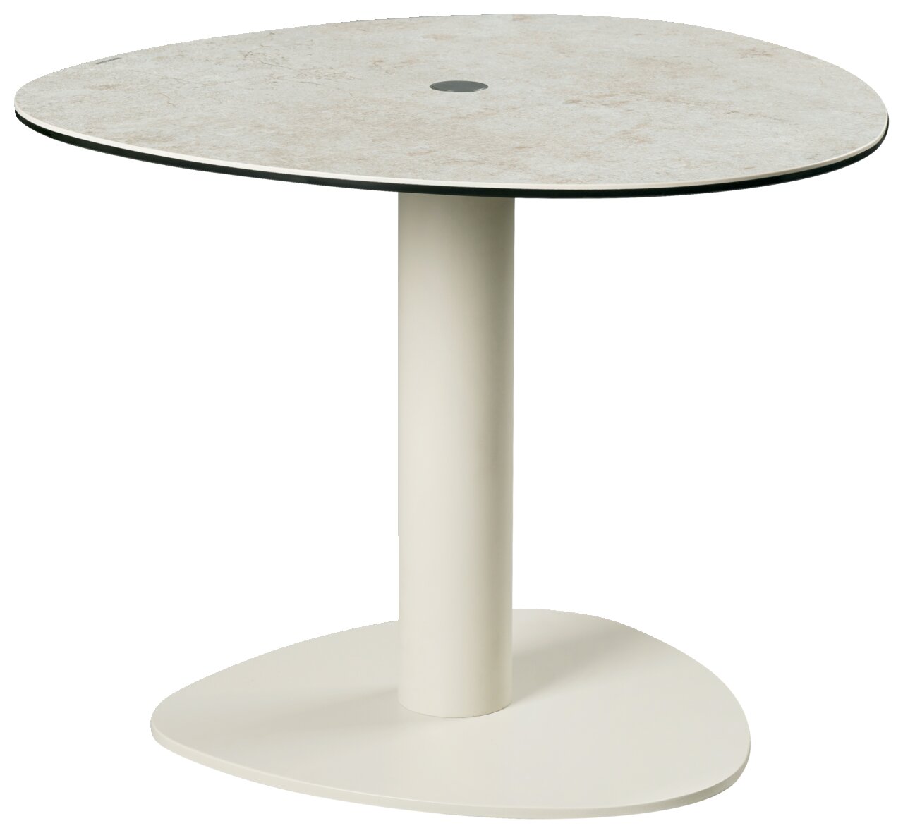 Moderne bijzettafel met een rond, licht blad en een centrale poot, gezien vanaf de zijkant