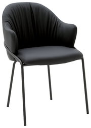 Moderner schwarzer Armlehnstuhl mit gepolsterter Sitzfläche und Rückenlehne, seitliche Perspektive